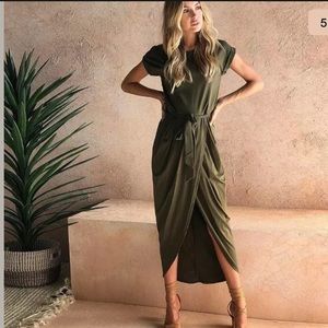 Olive T-shirt Wrap Belted Dress with Slit XS 0 2
